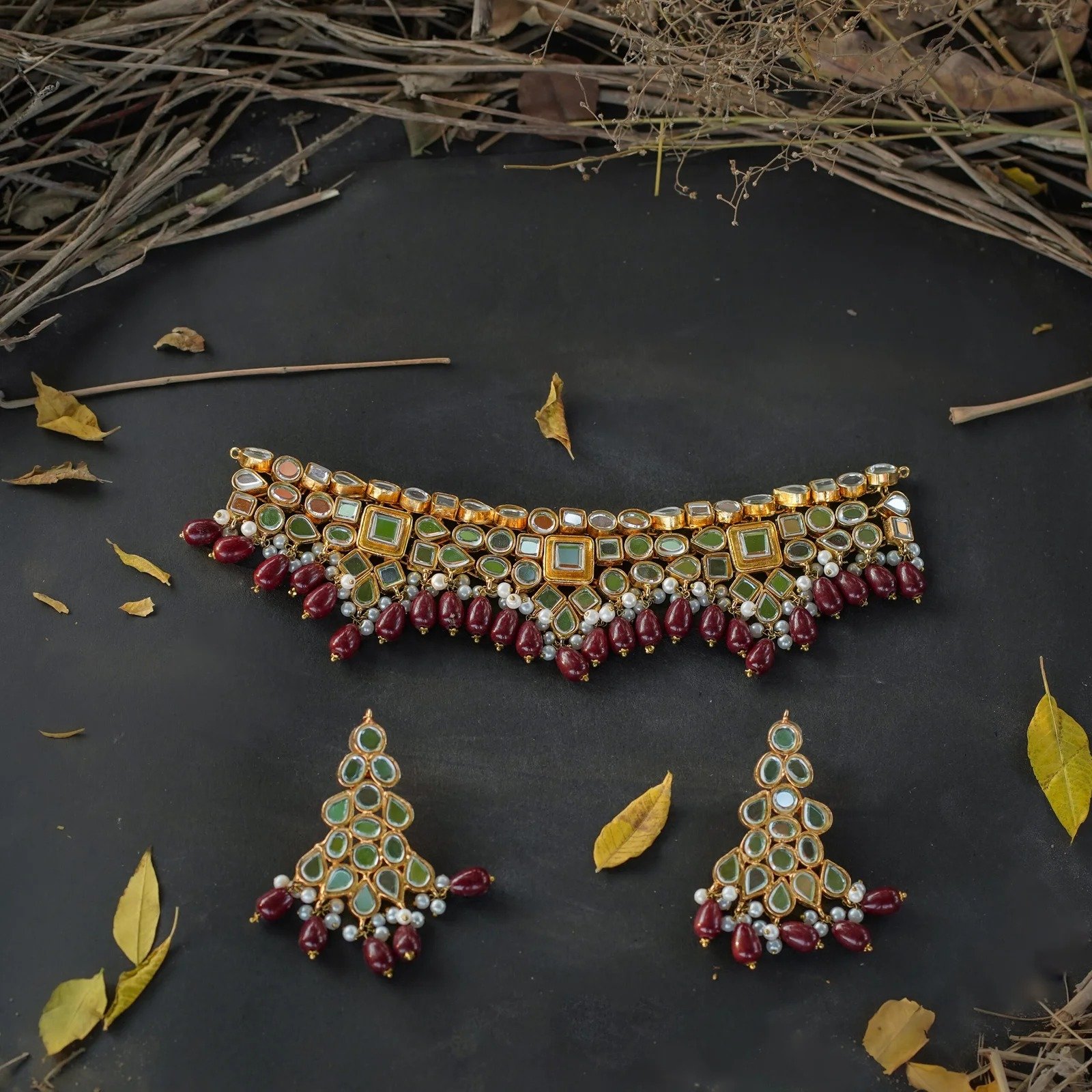 Kunden set with mehroon pearls - Image 2